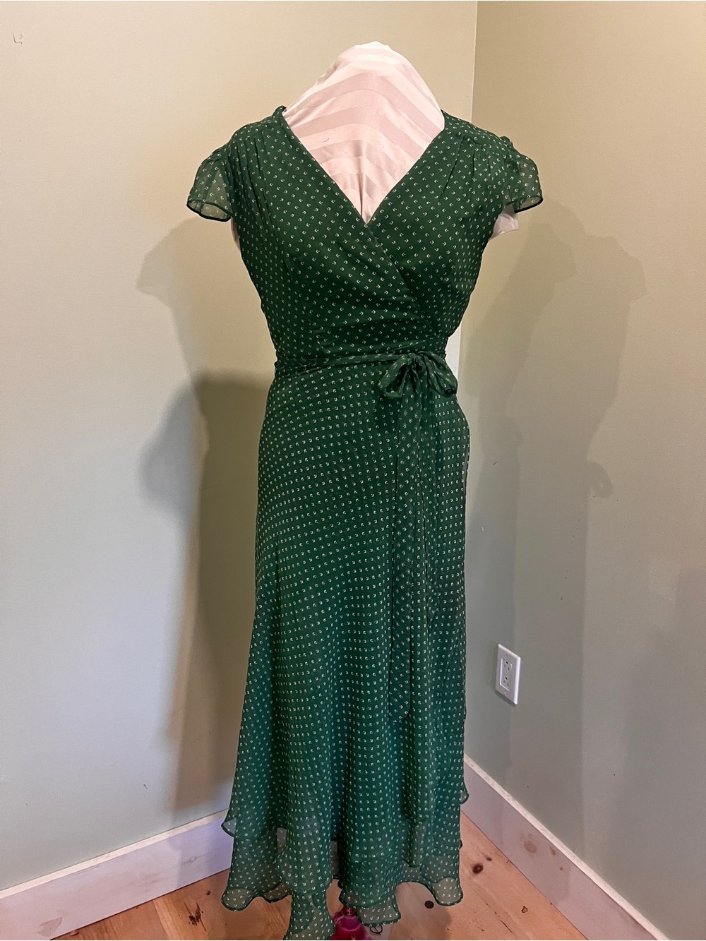 Green Polka Dot Wrap Midi Dress - Classic Feminine Style